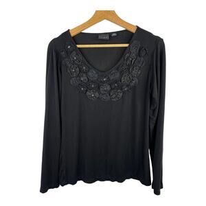 Tribal Womens 3D Floral Long Sleeve Black Shirt Top Blouse size Medium